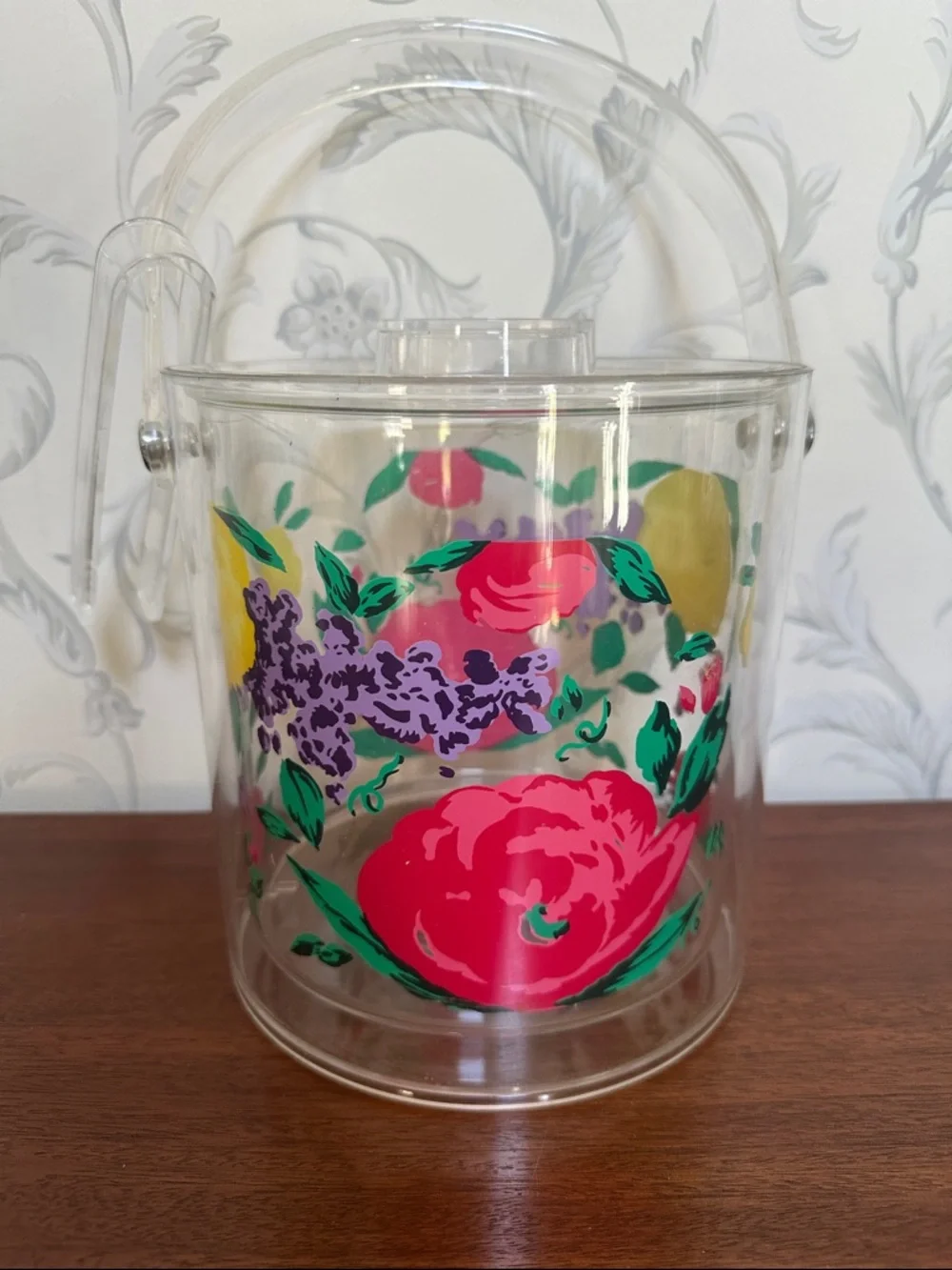 🧊 Clear Floral Acrylic Ice Bucket with Handle lid and tongs retro